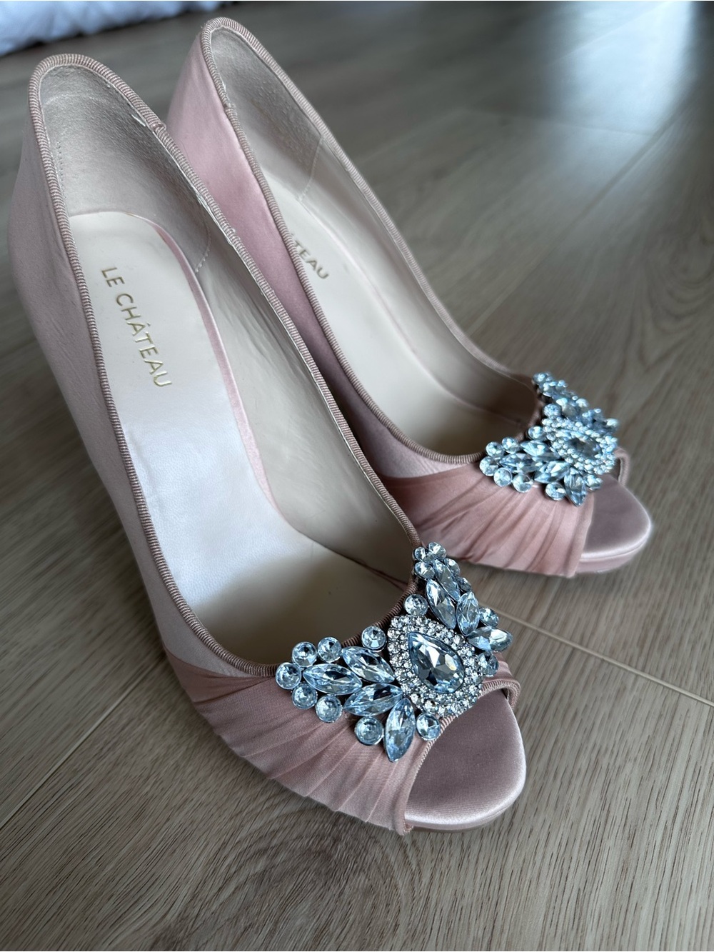Le Chateau Blush Pink Satin Peep-Toe Heels with Crystal Brooch